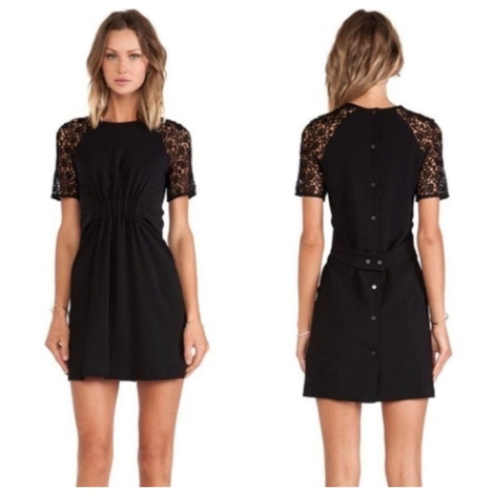 A.L.C. Black Lace Sleeve Rakim Belted Dress‎ Size 6 #6883LS *Missing Snap*
